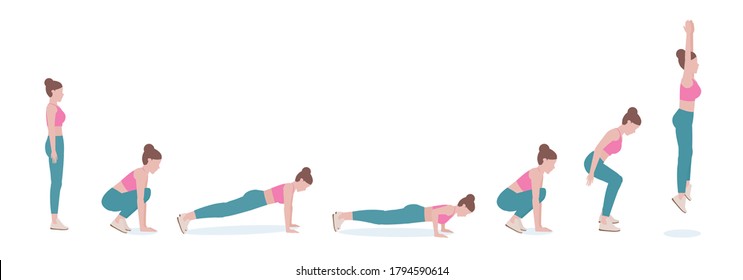 Woman doing exercises. woman in pink shirt and a blue Long legs. Step by step instruction for doing Between Burpee & Push-up. Isolated vector illustration in cartoon style. Fitness and health concept