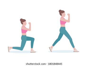 Woman doing exercises. Woman in pink shirt and a blue Long legs. Woman showing step for healthy lunges workout, health concept. Isolated vector illustration in cartoon style.