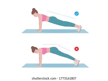 Woman doing exercises. doing  Plank correct and wrong. Balance pose, flexibility improvement. Isolated vector illustration in cartoon style. Fitness and health.