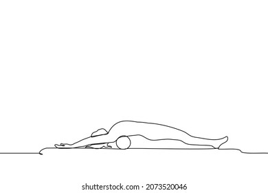 woman doing exercises with a roll - pilates for the back and posture - one line drawing vector. exercise and pilates concept (fitness)