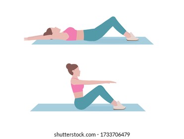 Woman doing exercises. Step by step instruction for Woman lie down on her back and curl upper body to the top for touch her knees. Fitness and health concepts.
