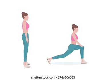 Woman Doing Exercises.  Step By Step Instruction For Doing Hip Flexor Stretch Will Stretching Them Is The ONLY Way To Relax These Muscles And Relieve The Pain.  Isolated Vector Illustration In Cartoon