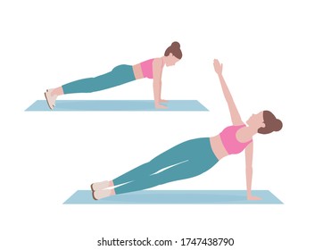 Frauen üben Übungen.  Schritt für Schritt Anleitung zum Aufschieben von T-Push Up. Dies ist eine große Variante, um die Taille beim Arbeiten der Arme zu weißern. Einzige Vektorgrafik im Cartoon-Stil