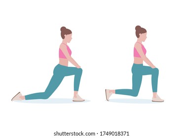 Woman doing exercises.  Step by step instruction for doing Hip Flexor Stretch will stretching them is the ONLY way to relax these muscles and relieve the pain.  Isolated vector illustration in cartoon