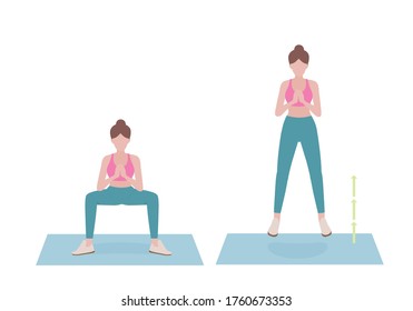 Woman doing exercises.  Step by step instruction for doing Squat Jumps. It’s efficient at making your glutes, legs, and lungs burn after just a few reps. Isolated vector illustration in cartoon style.