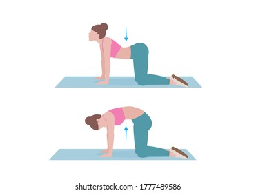 Woman doing exercises. Step by step instruction for doing  Cat-Cow Stretch. warm up sequence, a relaxation sequence, or as an exercise to prevent back pain. Fitness and health concepts.