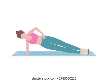 Woman doing exercises.  Step by step instruction for doing Side Plank. Benefits Strengthens the arms, back, and core. Improves balance. Isolated vector illustration in cartoon style