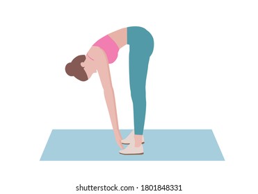 Woman doing exercises. Step by step instruction for doing  standing toe touch stretches. Work your calves, your hamstrings, your butt and your shoulders.  Fitness and health concepts. 