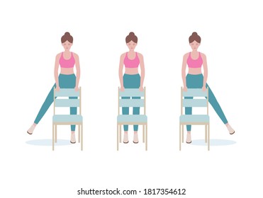 Woman doing exercises step by step. Exercises that can be done at-home using a sturdy chair. Isolated vector illustration in cartoon style.