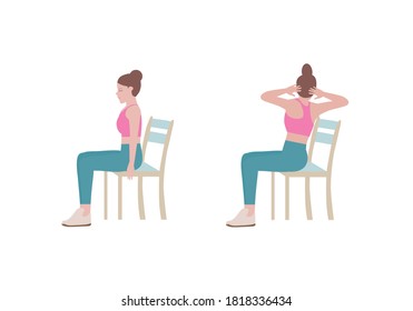 Woman doing exercises step by step. Exercises that can be done at-home using a sturdy chair with Wrists and Arms posture. Isolated vector illustration in cartoon style.