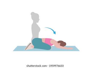 Woman doing exercises.  Step by step instruction for doing Child's Pose is a gentle stretch for the back, hips, thighs, and ankles. It can help relieve back pain. Illustration cartoon style