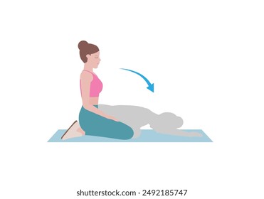 Mujer haciendo ejercicios.  Las instrucciones paso a paso para hacer la Pose del niño son un estiramiento suave para la espalda, las caderas, los muslos y los tobillos. Puede ayudar a aliviar el dolor de espalda. Ilustración vectorial.