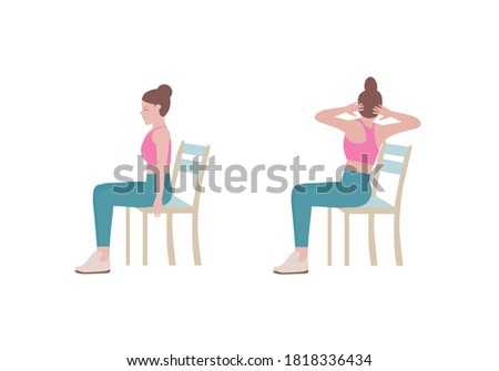 Woman doing exercises step by step. Exercises that can be done at-home using a sturdy chair with Wrists and Arms posture. Isolated vector illustration in cartoon style.
