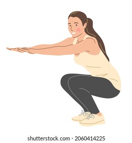 A woman is doing exercises. A young girl squats. Flat vector illustration.