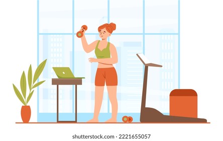 Woman doing exercises. Young girl with dumbbells in her hands next to bike path. Home workouts and fitness. Strengthen muscles and burn fat. Poster or banner. Cartoon flat vector illustration