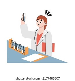 Woman doing an experiment in the laboratory. Flat drawn style vector design illustrations.