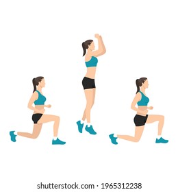 Woman doing explosive jumping alternating lunges exercise flat vector illustration isolated on white background