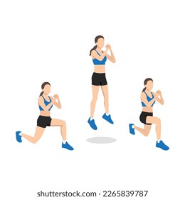 Woman doing Explosive Jumping Alternating Lunges Exercise in 3 steps for lower body and Hamstring. Flat vector illustration isolated on white background