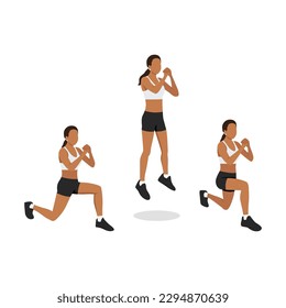 Woman doing Explosive Jumping Alternating Lunges Exercise in 3 steps for lower body and Hamstring. Flat vector illustration isolated on white background