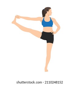 Woman doing extended hand to big toe pose utthita hasta padangusthasana exercise. Flat vector illustration isolated on white background