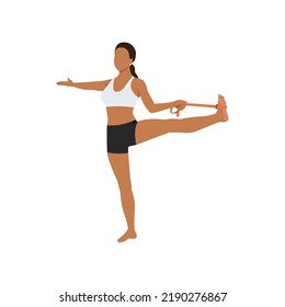 Woman doing extended hand to big toe with elastic band pose utthita hasta padangusthasana exercise. Flat vector illustration isolated on white background