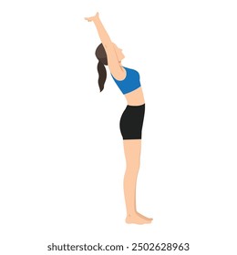 Woman doing Extended Mountain Pose Backbend Interlocked Hands or Utthita Tadasana Backbend Baddhanguliyasana. Flat vector illustration isolated on white background