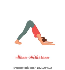 Woman doing Extended Puppy Pose Uttana Shishosana Pose, Yoga Woman. Flat vector illustration isolated on white background