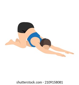 Woman doing extended puppy pose uttana shishosana exercise. Flat vector illustration isolated on white background