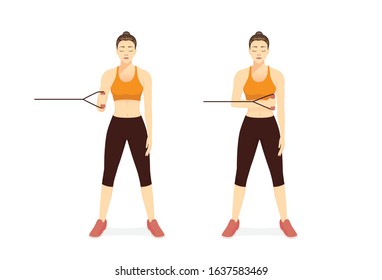 Woman doing External Cable Shoulder Rotation posture for exercise in 2 step. Illustration about workout with gym equipment to maintain a strong and stable shoulder joint.