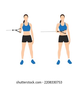 Mujer haciendo una postura de rotación de hombro de cable externo para el ejercicio en 2 pasos. Ilustración sobre entrenamiento con equipos de gimnasia para mantener una articulación fuerte y estable de hombro. Ilustración vectorial plana