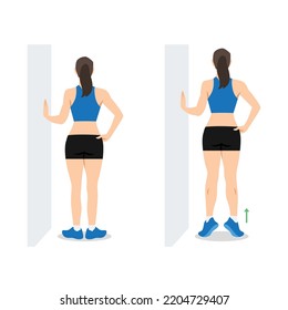 Woman doing external rotation or bodyweight calf raises exercise. Flat vector illustration isolated on white background