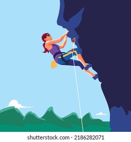 Woman Doing An Extreme Sport Climbing A Rock Mountain