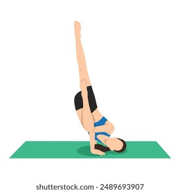 Woman doing Fallen Angel Pose or Devaduuta Panna Asana yoga exercise. Flat vector illustration isolated on white background