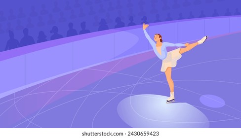 Woman doing figure ice skating at closed rink arena. Winter olympic sport, sportsman ride using skate. Competition and performance concept. Healthy lifestyle. Vector illustration