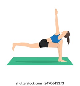 Woman doing Figure Skater Pose or Pada Vakra Trikonasana yoga exercise. Flat vector illustration isolated on white background