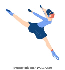 Woman doing figure skating element in winter clothes with smile on face. Isolated on white background female character.