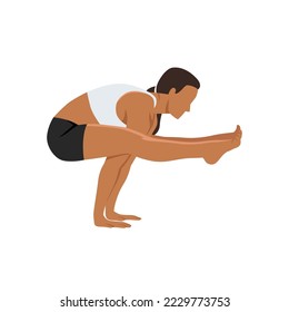 Woman doing Firefly Pose Variation. Practice Tittibhasana Variation. Flat vector illustration isolated on white background