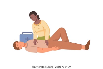 Woman doing first aid medical procedures, man lying on back, flat cartoon people set. 911 or 112 ambulance emergency and resuscitation. Rescue training and medical kit, person reanimation