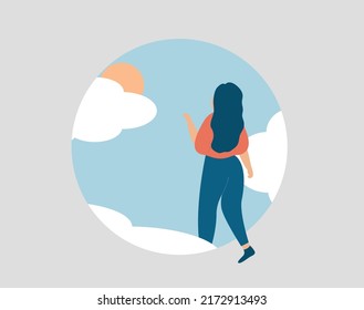 Woman doing the first step into the future to start a new life. Girl wants to get rid of mental health disorders. Concept of mental health improvement and hope. Vector stock