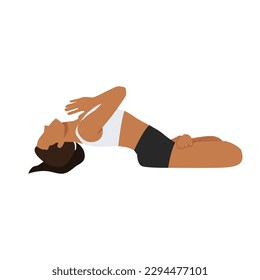 Woman doing Fish Pose Lotus legs and namaste hands. Beautiful girl practice Matsyasana Variation Padmasana Elbows. Flat vector illustration isolated on white background