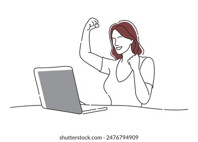 
woman doing a fist pump while looking at a computer, doodle continuous line art vector illustration