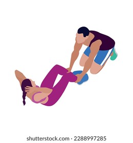 Woman doing fitness abs exercises with coach isometric vector illustration