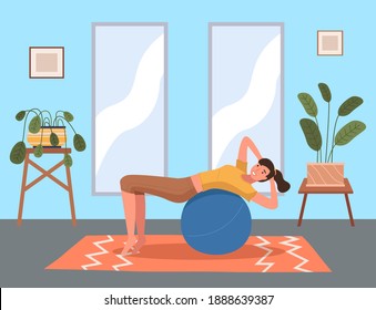 Woman doing fitness exercise at home. Young girl is engaged in pilates with a ball. Slim lady dressed in a sportive uniform in a flat style doing sports in living room, back exercises and stretching