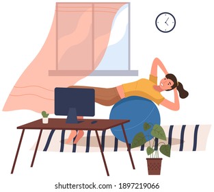 Woman doing fitness exercise at home by video tutorial on a computer. Young girl is engaged in pilates with a ball. Slim lady dressed in a sportive uniform in a flat style doing sports in living room