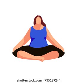 Woman doing fitness exercise isolated on white background. Young girl sitting in lotus pose. Lady plus size dressed in a sportive uniform in a flat style. Vector illustration.
