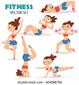 Woman doing fitness exercises. Cute cartoon girl vector character set isolated on a white background. Healthy lifestyle and sport illustration.