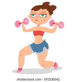 Woman doing fitness exercises with dumbbells. Cute cartoon girl vector character isolated on a white background. Healthy lifestyle and sport illustration.