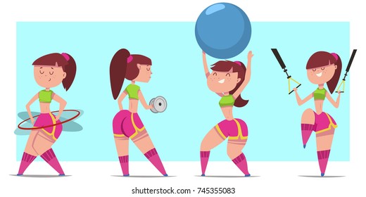 Woman doing fitness exercises with dumbbells, fit ball, hula hoop and suspension training. Cute cartoon girl vector character set isolated on a background. Healthy lifestyle and sport illustration.