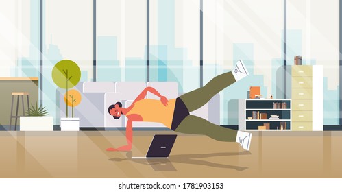 woman doing fitness exercises at home girl watching online training workout healthy lifestyle sport concept living room interior full length vector illustration