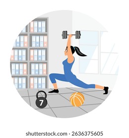 A woman doing fitness exercises at home with fitness equipment such as dumbbells and kettlebells. Promoting health awareness, active lifestyle and health care. Sporty young girls concept.